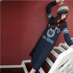 BuySKU70452 Women Spring Autumn Letters Print Long Sleeve Loose Long Hoodie Dress - Free Size (Dark Blue)