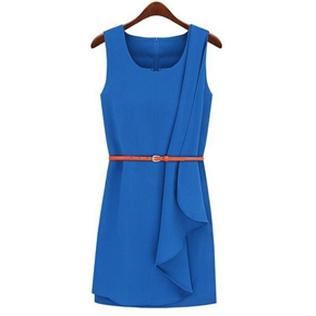 BuySKU71433 Fashion Women Spring Summer Round Collar Sleeveless Short Dress with Waistband - Size L (Blue)