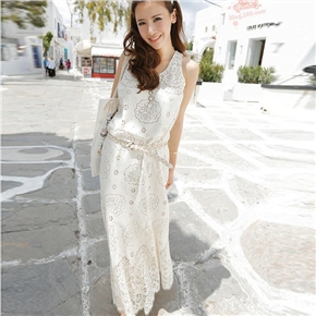 BuySKU72465 Elegant Women Summer Flowers Printed Round Neck Sleeveless Slim-fitting Long Dress - Free Size (White)