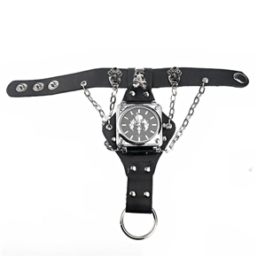 BuySKU72205 Fashion Skull Head Decor PU Watch Band Men's Quartz Wrist Watch with Square Watchcase (Black)