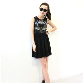 BuySKU72463 Fashion Women Summer Cat Pattern Round Neck Sleeveless Slim-fitting Short Dress - Free Size (Black)