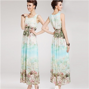 BuySKU72461 Fashion Women Summer Flower Printed Round Neck Sleeveless Slim-fitting Chiffon Long Dress - Size M