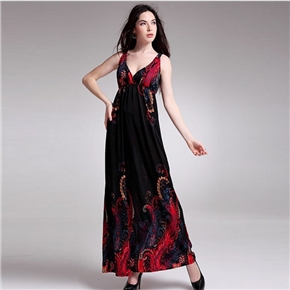 BuySKU71693 Fashion Women Summer Sleeveless Deep V-neck Slim-fitting Long Dress - Free Size (Black)