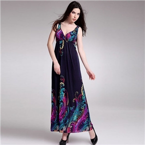 BuySKU71692 Fashion Women Summer Sleeveless Deep V-neck Slim-fitting Long Dress - Free Size (Dark Blue)
