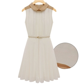 BuySKU72559 Elegant Women Summer Pleated Style Turn-down Collar Sleeveless Slim-fitting Short Dress - Size L (Ivory)