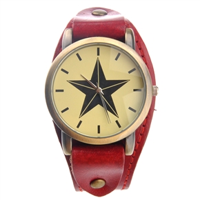 BuySKU72522 Fashion Five-pointed Star Pattern Round Dial Unisex Quartz Wrist Watch with PU Band (Red)