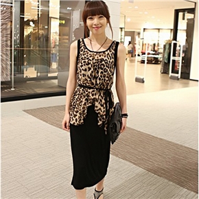 BuySKU72783 Fashion Women Summer Leopard Splicing Pattern Style Round Neck Sleeveless Long Dress - Free Size