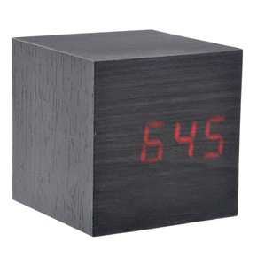 BuySKU73229 008-10 Mini Cube Shaped Voice Activated Red LED Digital Wood Wooden Alarm Clock with Date /Temperature (Black)