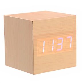 BuySKU73223 008-11 Mini Cube Shaped Voice Activated Blue LED Digital Wood Wooden Alarm Clock with Date /Temperature (Light Yellow)