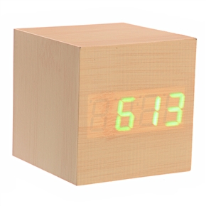 BuySKU73205 008-11 Mini Cube Shaped Voice Activated Green LED Digital Wood Wooden Alarm Clock with Date /Temperature (Light Yellow)