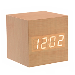 BuySKU73220 008-11 Mini Cube Shaped Voice Activated White LED Digital Wood Wooden Alarm Clock with Date /Temperature (Light Yellow)