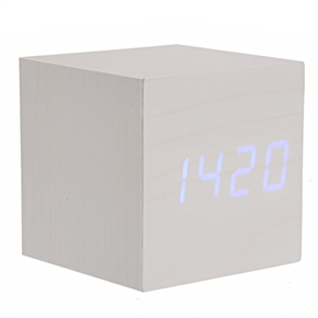 BuySKU73224 008-12 Mini Cube Shaped Voice Activated Blue LED Digital Wood Wooden Alarm Clock with Date /Temperature (Ivory)