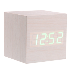 BuySKU73226 008-12 Mini Cube Shaped Voice Activated Green LED Digital Wood Wooden Alarm Clock with Date /Temperature (Ivory)