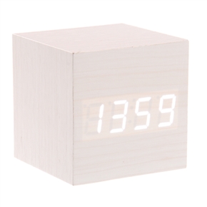 BuySKU73221 008-12 Mini Cube Shaped Voice Activated White LED Digital Wood Wooden Alarm Clock with Date /Temperature (Ivory)