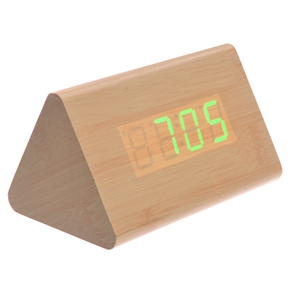 BuySKU73213 012-11 Triangle Shaped Voice Activated Green LED Digital Wood Wooden Alarm Clock with Date /Temperature (Light Yellow)