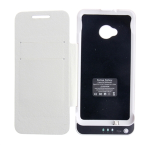 BuySKU73395 3800mAh Mobile Power Backup Battery PU Protective Case with Stand   Card Holders for HTC One M7 (White)