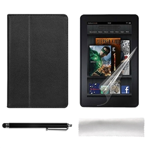 BuySKU73813 4-in-1 PU Flip Cover & Stylus Pen & Screen Guard & Cleaning Cloth Set for Amazon Kindle Fire 7-inch Tablet PC (Black)