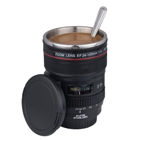 BuySKU73647 400ML 2nd Generation EF 24-105mm f/4.0L USM Lens Shaped Stainless Steel Inner Water Coffee Cup with Flat Lid (Black)
