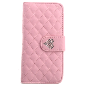 BuySKU73655 Heart-shaped Rhinestone Style Rhombus Pattern PU Protective Case with Card Holder & Stand for iPhone 5 (Pink)
