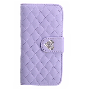 BuySKU73656 Heart-shaped Rhinestone Style Rhombus Pattern PU Protective Case with Card Holder & Stand for iPhone 5 (Purple)