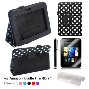BuySKU73181 4-in-1 Dots Pattern PU Case & Screen Guard & Stylus Pen & Cloth Set for Amazon Kindle Fire HD 7-inch Tablet PC (Black)