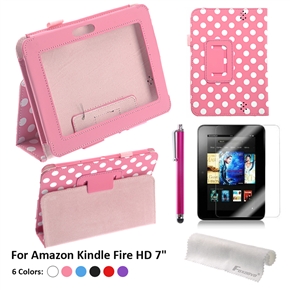 BuySKU73183 4-in-1 Dots Pattern PU Case & Screen Guard & Stylus Pen & Cloth Set for Amazon Kindle Fire HD 7-inch Tablet PC (Pink)