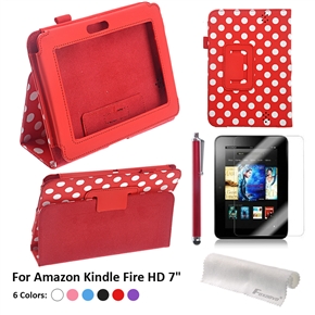 BuySKU73180 4-in-1 Dots Pattern PU Case & Screen Guard & Stylus Pen & Cloth Set for Amazon Kindle Fire HD 7-inch Tablet PC (Red)