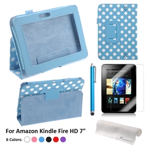 BuySKU73182 4-in-1 Dots Pattern PU Case & Screen Guard & Stylus Pen & Cloth for Amazon Kindle Fire HD 7-inch Tablet PC (Sky-blue)