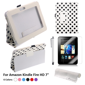 BuySKU73184 4-in-1 Dots Pattern PU Case & Screen Guard & Stylus Pen & Cloth Set for Amazon Kindle Fire HD 7-inch Tablet PC (White)