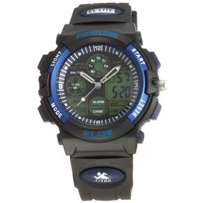 PASNEW PSE-048SABC 50M Waterproof Unisex Boys Girls Dual Time LED Digital Analog Sports Wrist Watch with Date /Alarm /Stopwatch /Rubber Band (Blue)