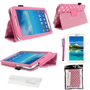 4-in-1 Dots PU Case & Stylus Pen & Screen Guard & Cloth Set for Samsung Galaxy Tab 3 7.0 P3200/P3210/T210/T211 (Pink)