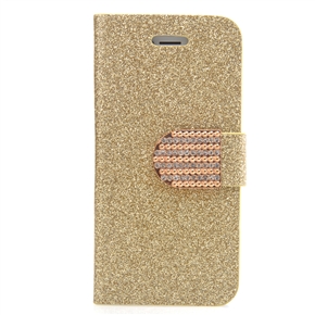 Crystal Rhinestones Decor Glittering PU Wallet Card Holder Flip Case Cover with Stand for iPhone 5S /iPhone 5 (Golden)