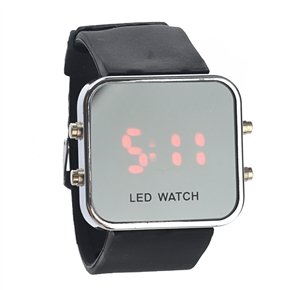 Fashion Square Mirror Face Unisex Red LED Digital Wrist Watch with Date & Silicone Band (Black)
