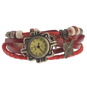 Retro Style Butterfly Pendant Decor Bracelet Women's Quartz Wrist Watch with Round Dial (Red)