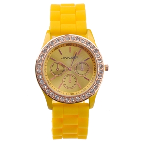 BuySKU69591 Fashion Rhinestones Decorated Round Case Soft Silicone Band Women's Quartz Wrist Watch (Yellow)