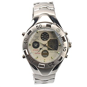 B-330 Multifunctional Waterproof Stainless Steel Sports Wrist Watch with White Round Dial & Hexagon Mirror  