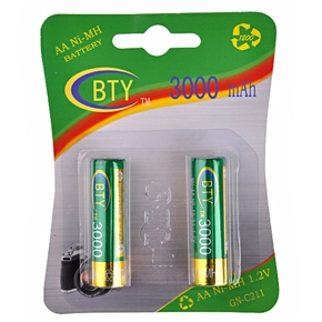 BuySKU62229 BTY 3000mAh 1.2V AA Rechargeable Ni-MH Battery (2 pcs/set)