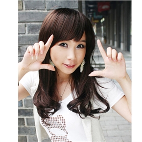 BuySKU62324 Japanese Style Lady Middle Long Curly Wig Hair with Bang (Chestnut)