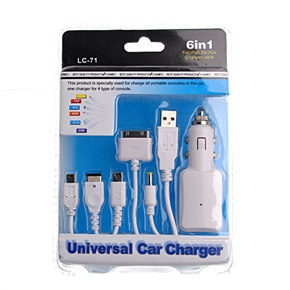 LC-71 6-in-1 Universal Car Charger for iPod 3G/3GS PSP NDS NDSi NDSL USB (White)