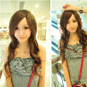 BuySKU62318 Milan Fashion Style Lady Long Curly Wig Hair with Inclined Bang (Shallow Brown)