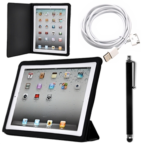 BuySKU65457 Ultra-slim Sleep/Wake-up Smart PU Case & Capacitive Stylus Pen & 3M USB Cable Set for iPad 2 /The new iPad (Black+White)