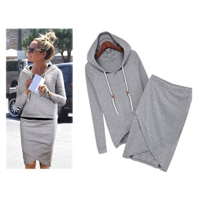 BuySKU75433 Fashion Spring Autumn Women's Soft Cotton Casual Sport Suit Long Sleeve Hoodie   Short Skirt - Size L (Light Grey)