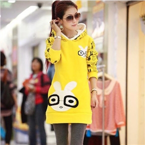 BuySKU70556 Fashion Women Autumn Winter Cute Rabbit Pattern Loose Thicken Fleece Long-medium Pullover Hoodie - Free Size (Yellow)