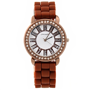 BuySKU70541 Jeneua Sunflower Style Round Dial Rhinestones Decor Women's Quartz Wrist Watch with Silicone Band (Coffee)