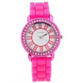 BuySKU70543 Jeneua Sunflower Style Round Dial Rhinestones Decor Women's Quartz Wrist Watch with Silicone Band (Rosy)