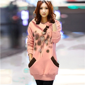 BuySKU70601 Women Autumn Winter Flowers Printed Long Sleeve Thicken Fleece Casual Long Pullover Hoodie - Free Size (Pink)