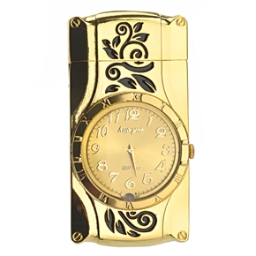 BuySKU71093 Flower Engraved Windproof Refillable Metal Cigarette Lighter Watch with Multi-color Changing LED Light (Golden)