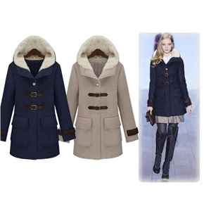 BuySKU74494 Elegant Autumn Winter Slim-fitting Thicken Women's Medium-long Hooded Woolen Outerwear Coat - Size S (Dark Blue)