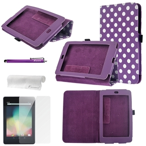 BuySKU73126 4-in-1 Dots Pattern PU Case & Screen Protector & Stylus Pen & Cleaning Cloth Set for Google Nexus 7 Tablet PC (Purple)