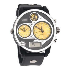OHSEN AD2806 Waterproof Men’s Three Time Display LED Digital Quartz Sports Wrist Watch with Date /Time /Rubber Band /Metal Package Box (Yellow)